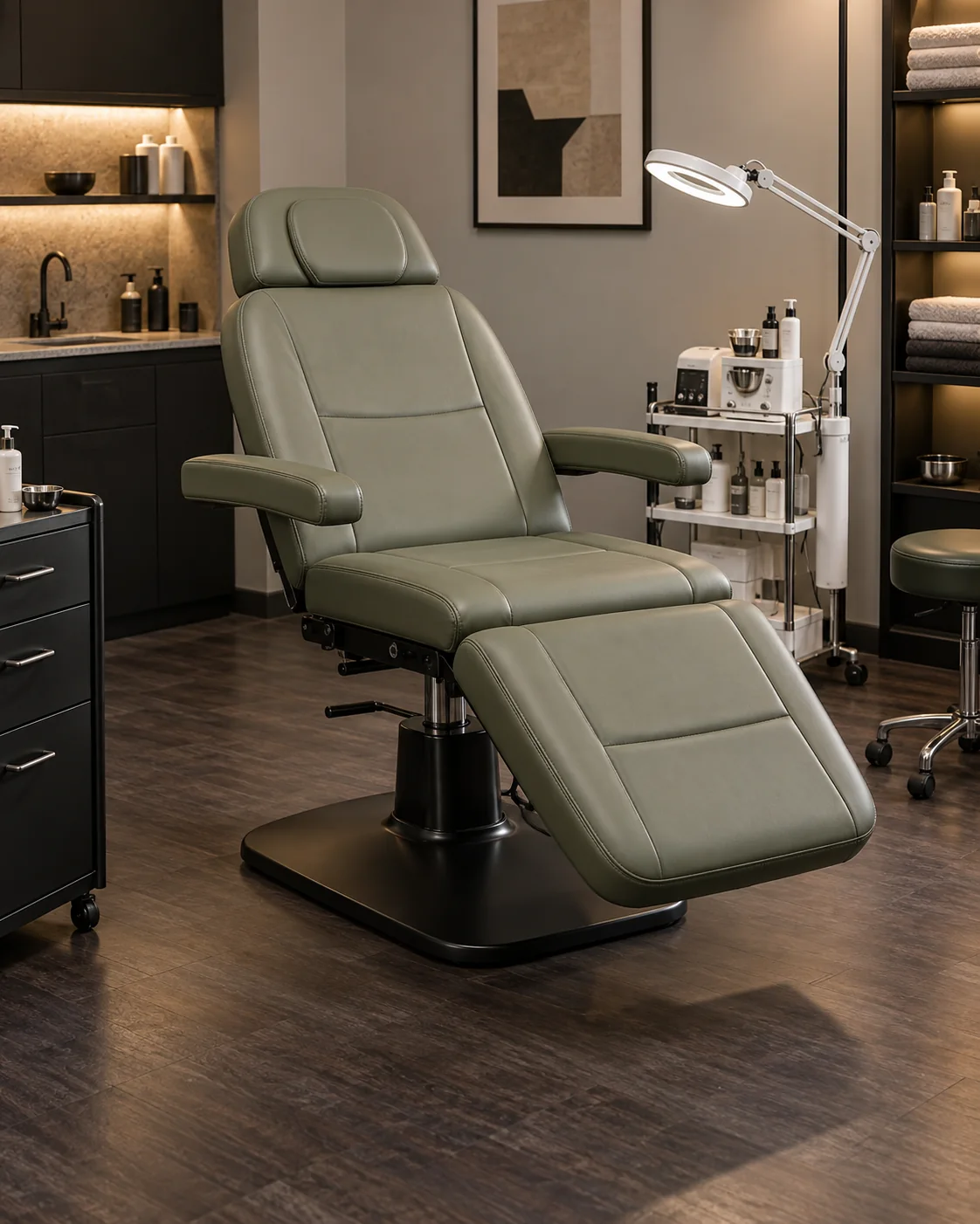 Sage green facial treatment chair with adjustable sections