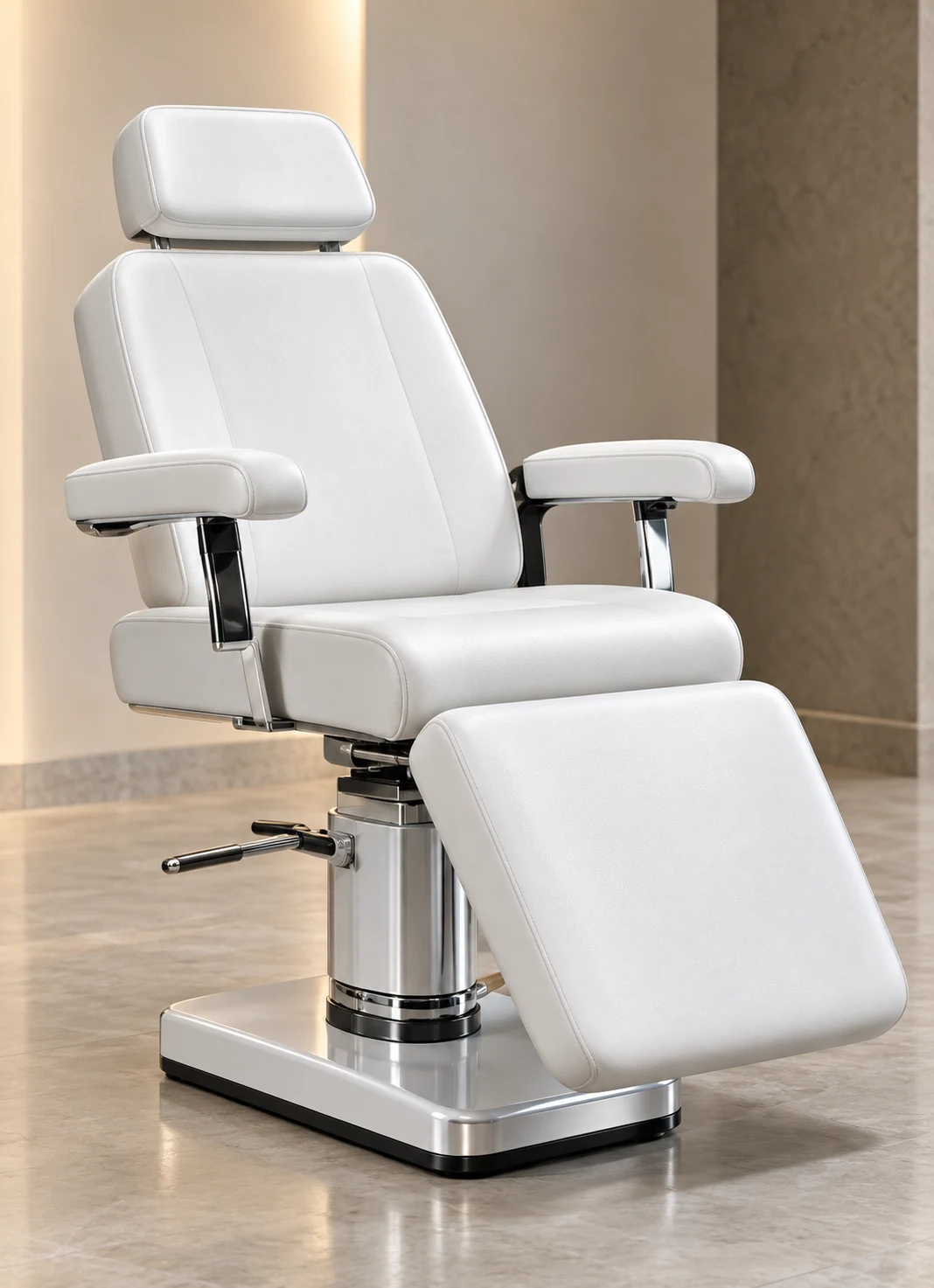White facial treatment chair reclined flat on a chrome pedestal base
