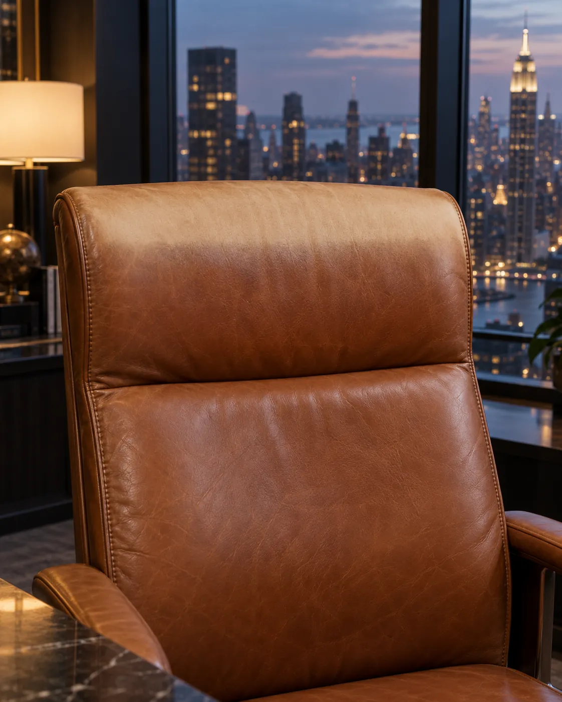 The backrest of a cognac leather executive chair faded pale where window light falls on it