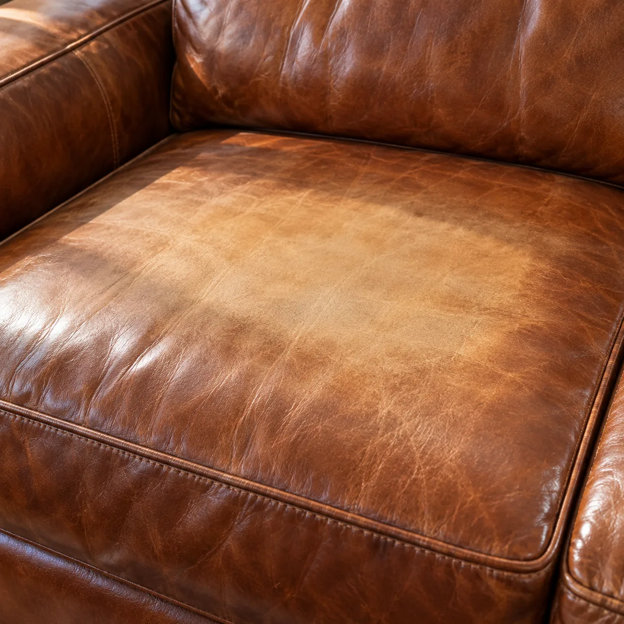A leather couch seat faded pale by sun and wear