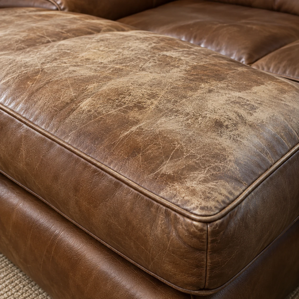 Furniture repair Edgewater NJ: a worn leather seat cushion seen from above