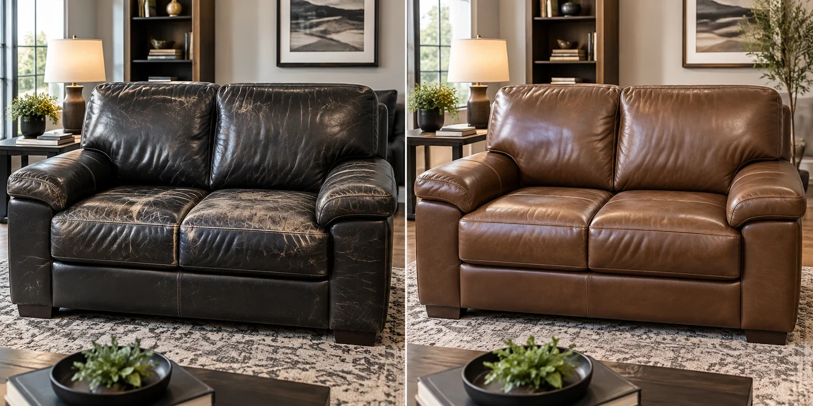 Faded black loveseat before and after