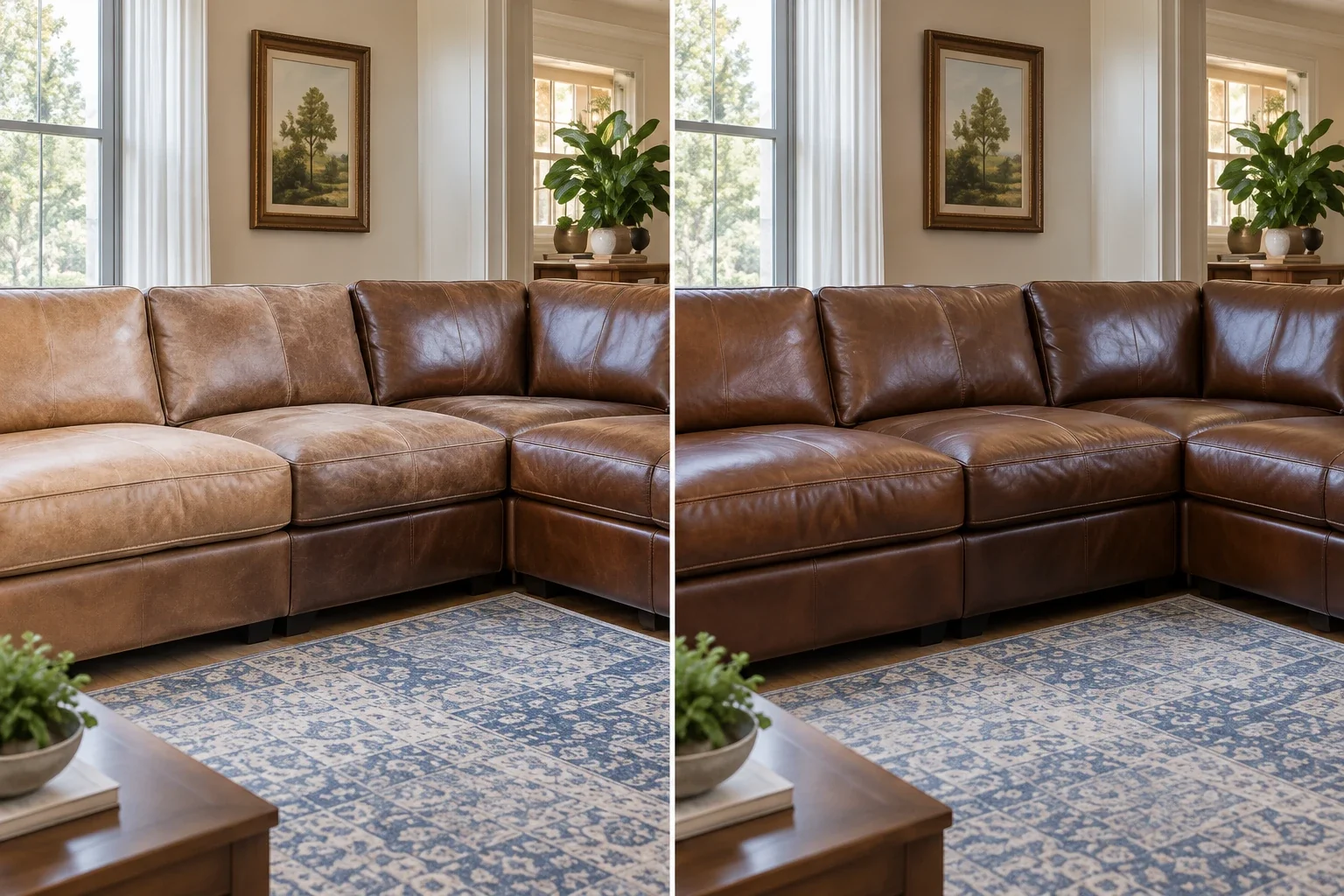 Worn brown sectional before and after