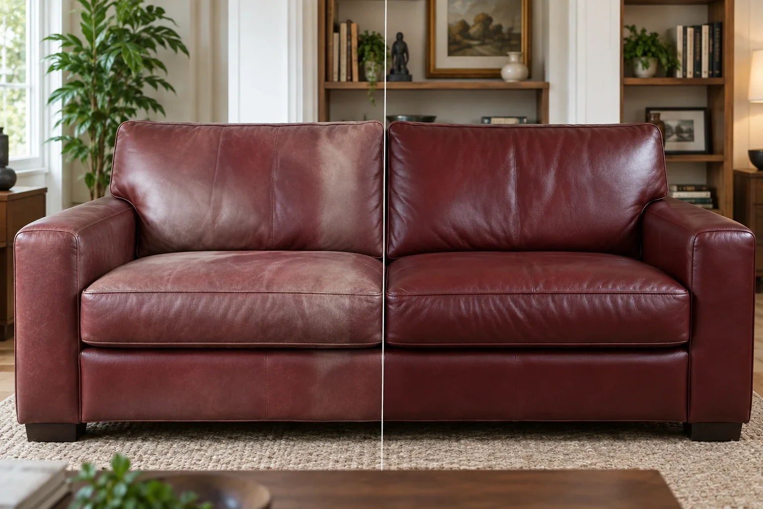 Faded burgundy sofa before and after