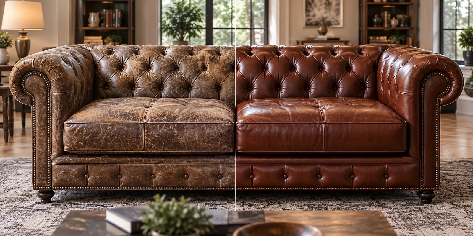 Faded Chesterfield before and after colour restoration