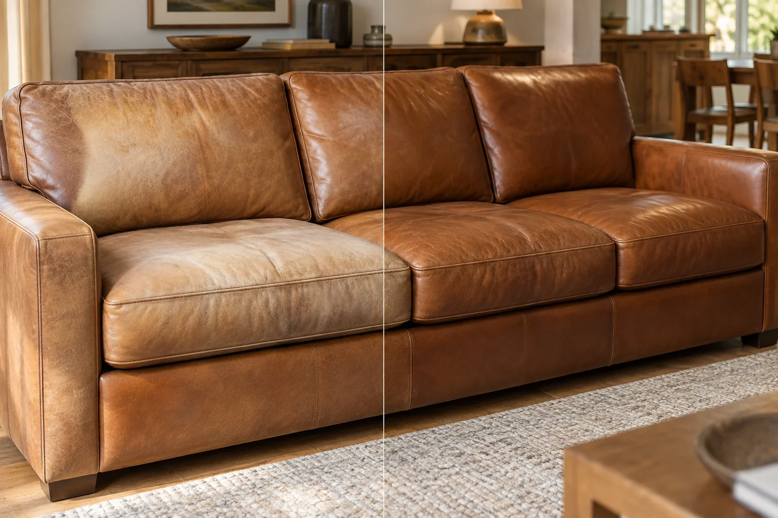 Cognac sofa half recoloured, faded left and restored right