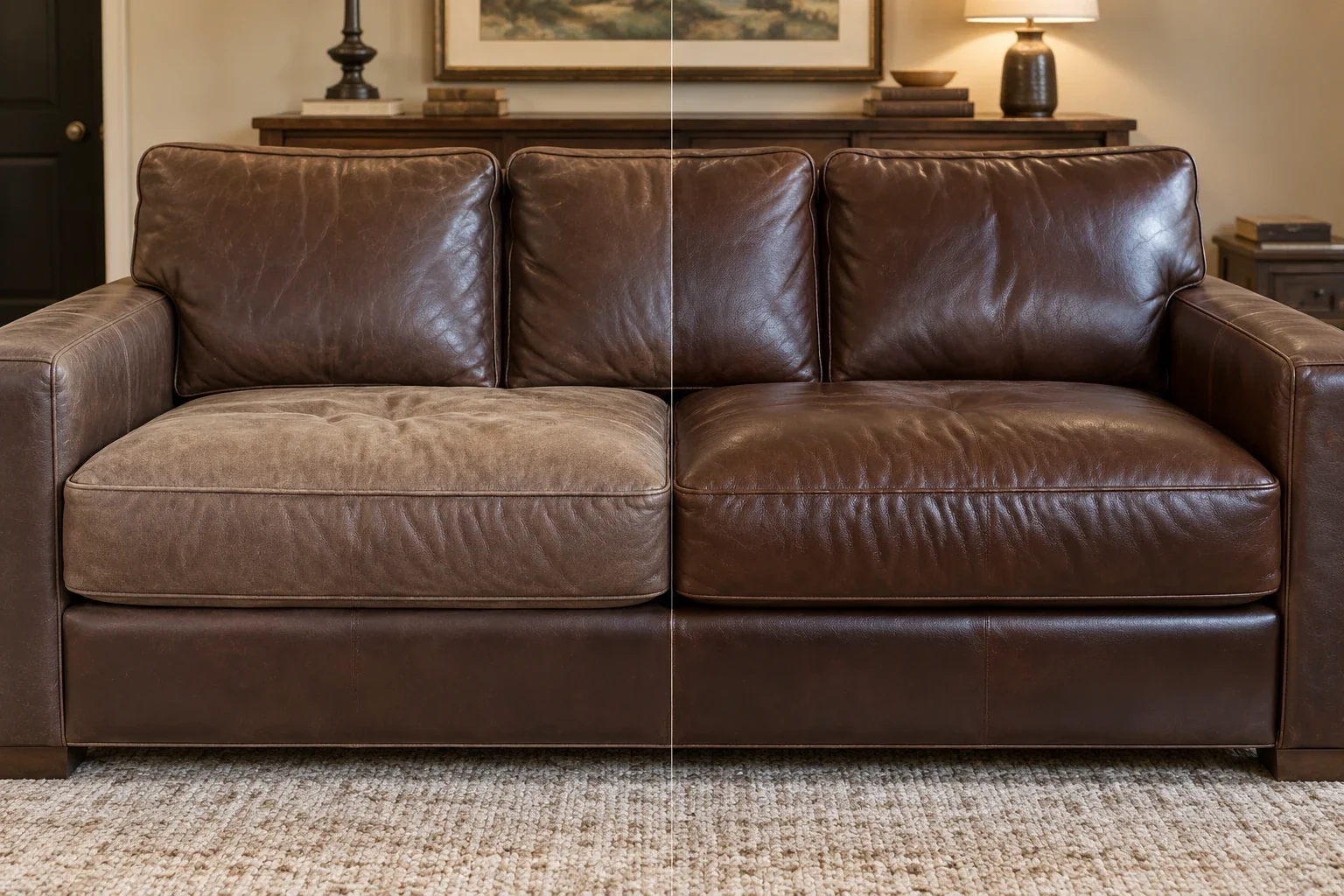 Worn dark brown sofa seats before and after