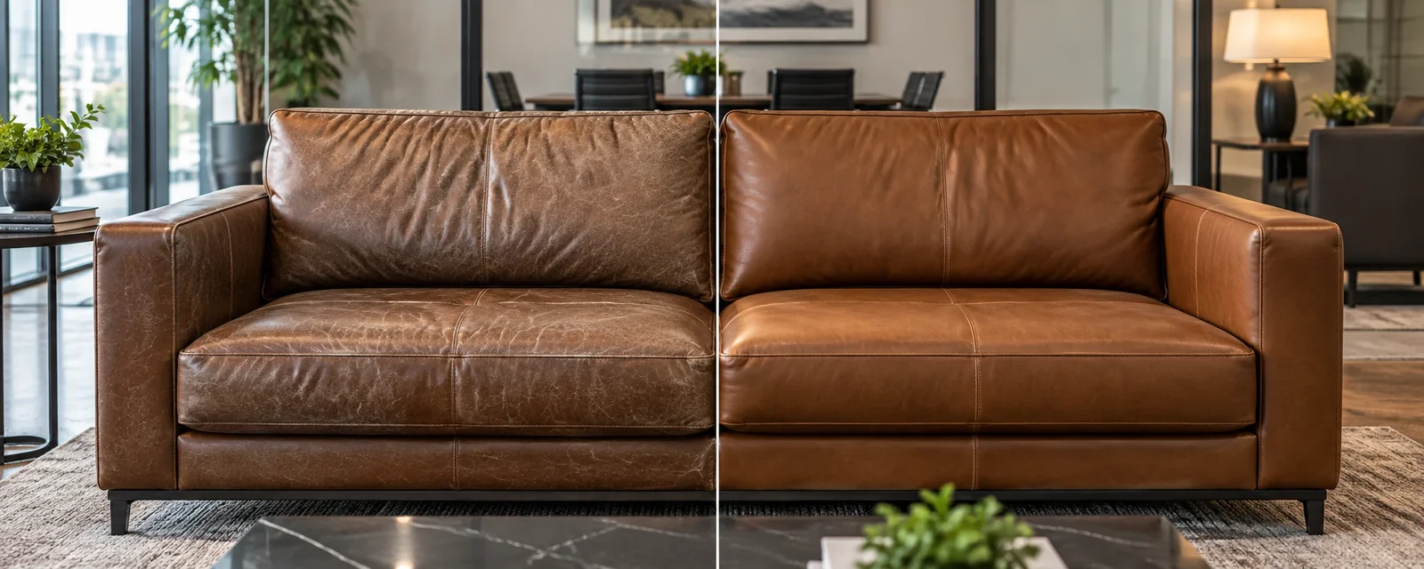 Modern brown sofa before and after