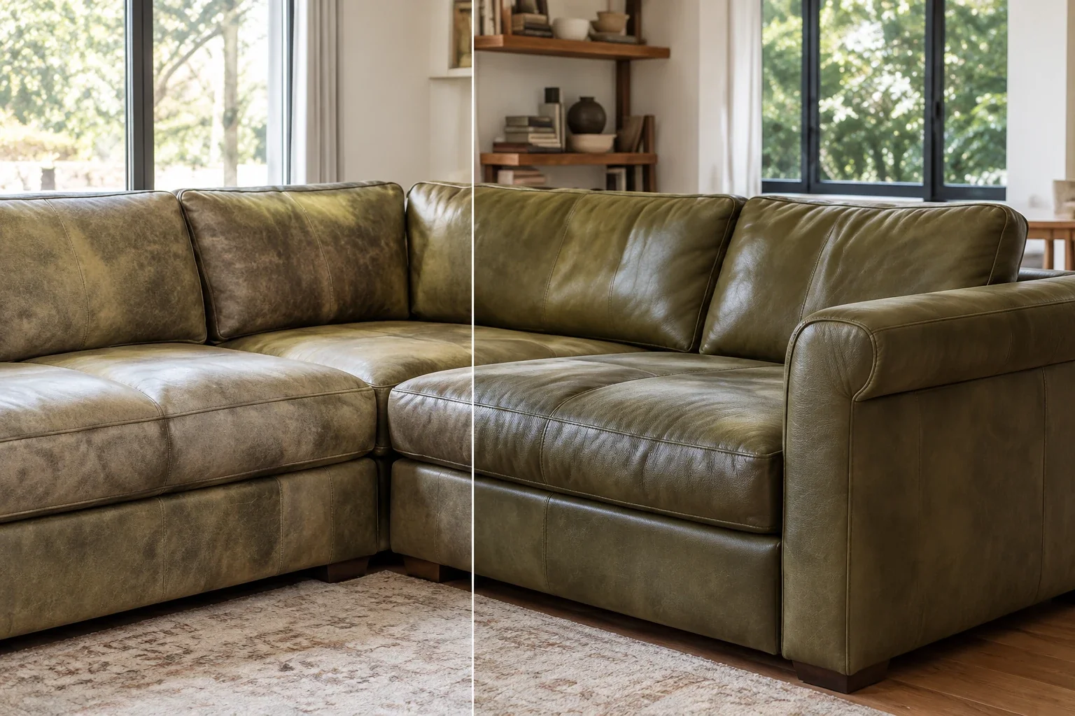 Faded olive sectional corner before and after