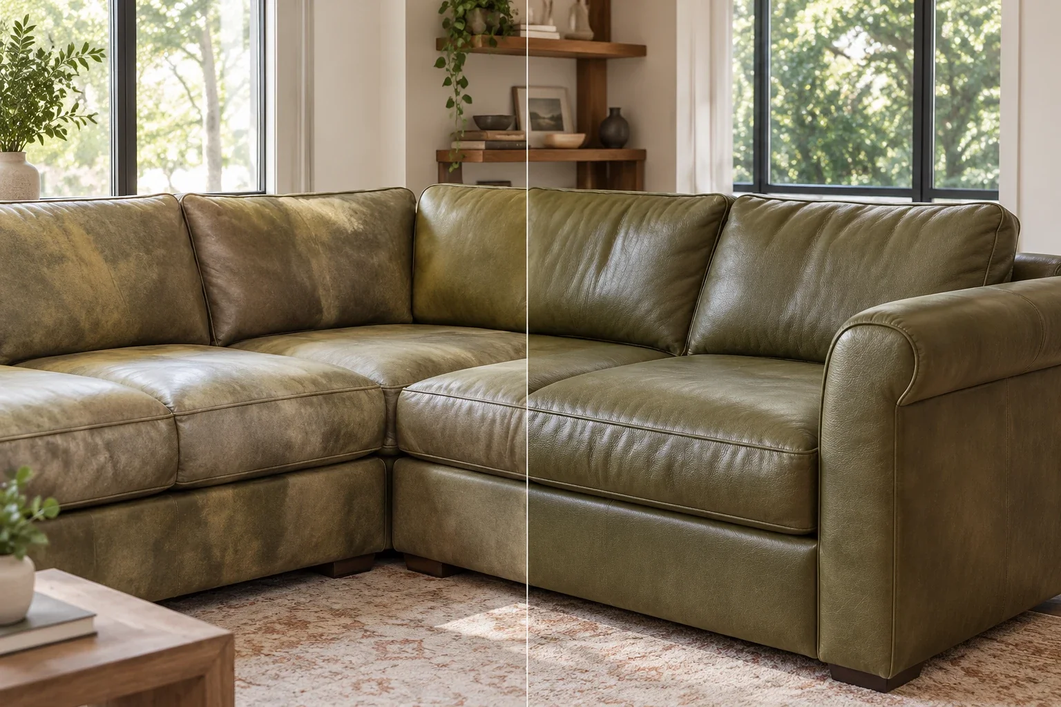 Olive leather sectional before and after
