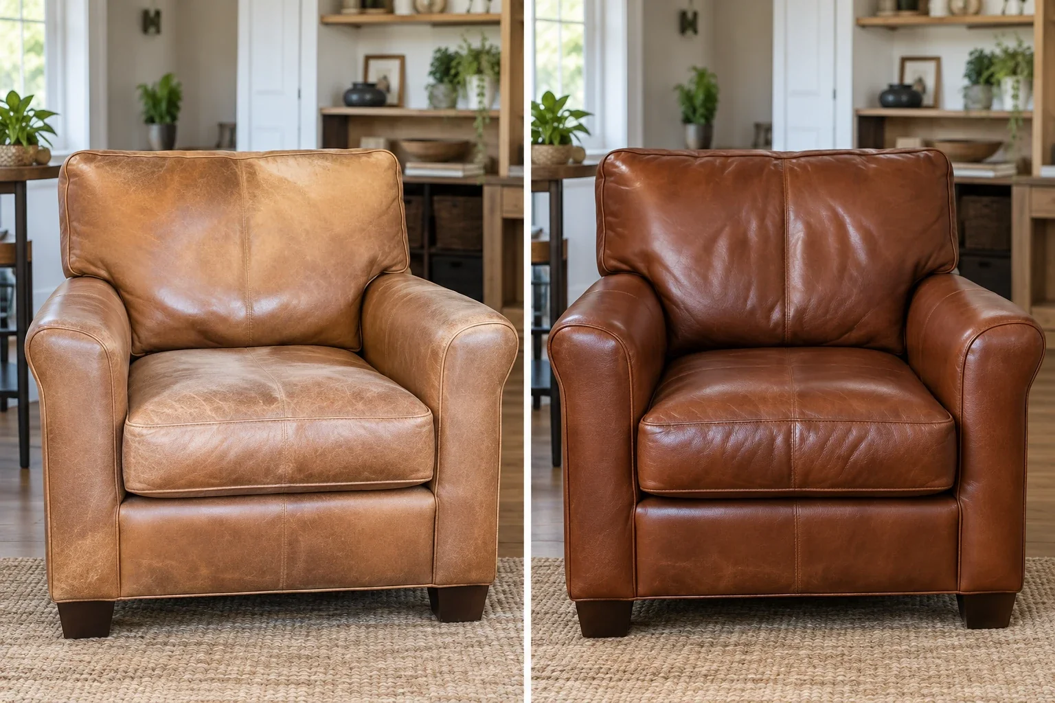 Faded tan armchair before and after