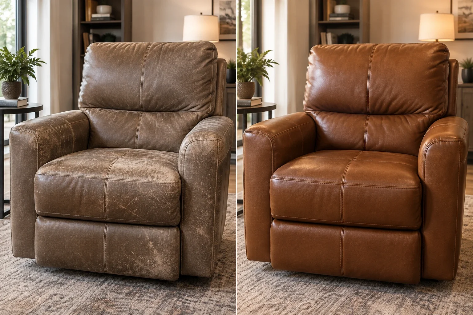 Worn taupe recliner before and after