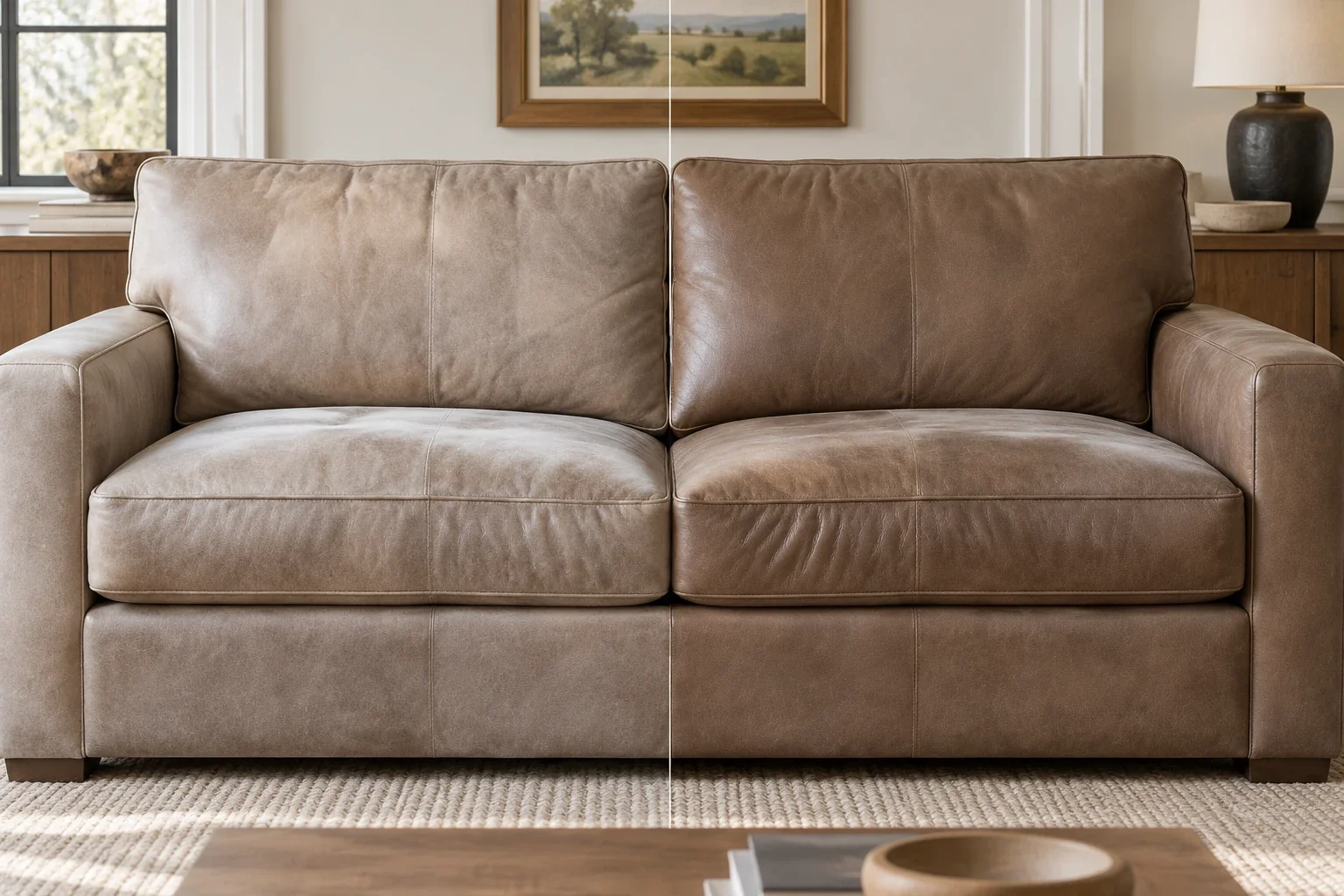 Faded taupe leather sofa before and after colour restoration