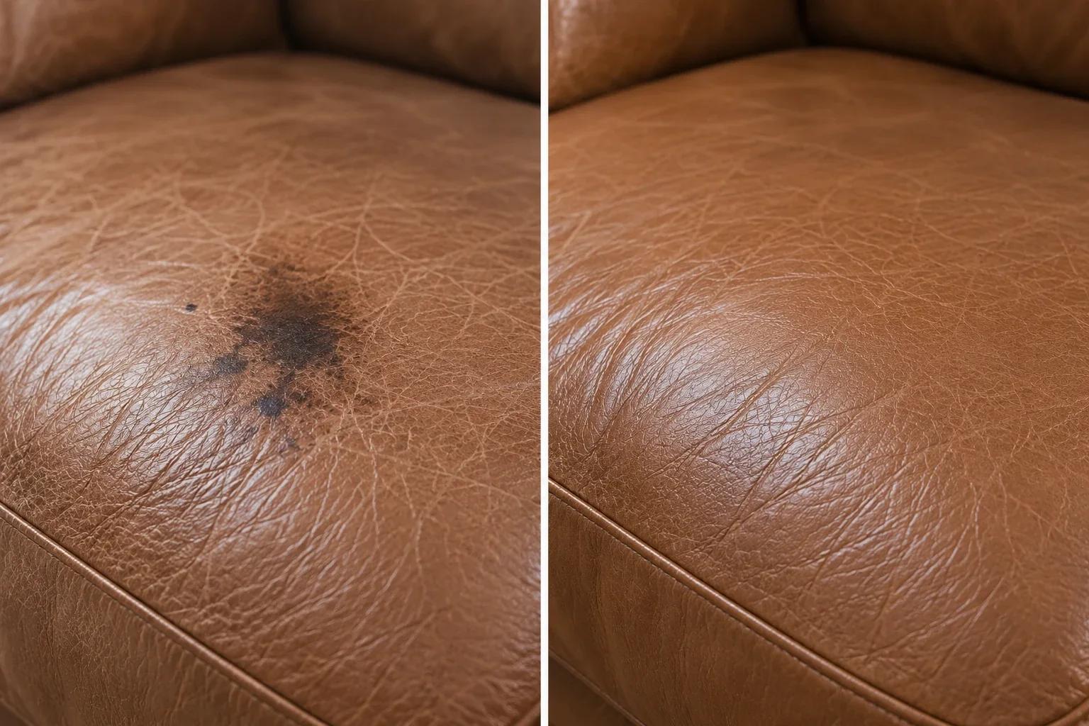 Dark spot on brown leather before and after