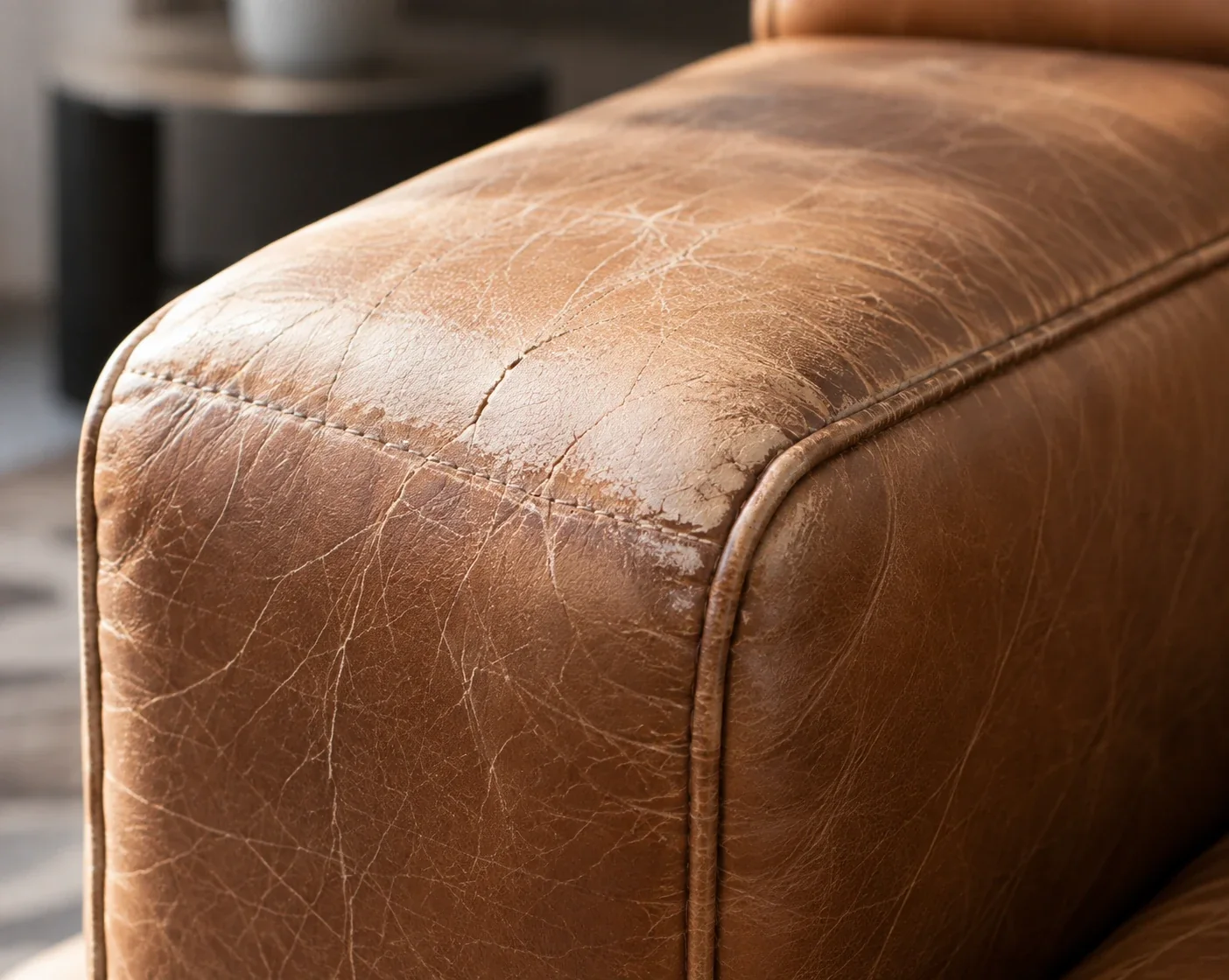 Sun-faded cognac leather arm