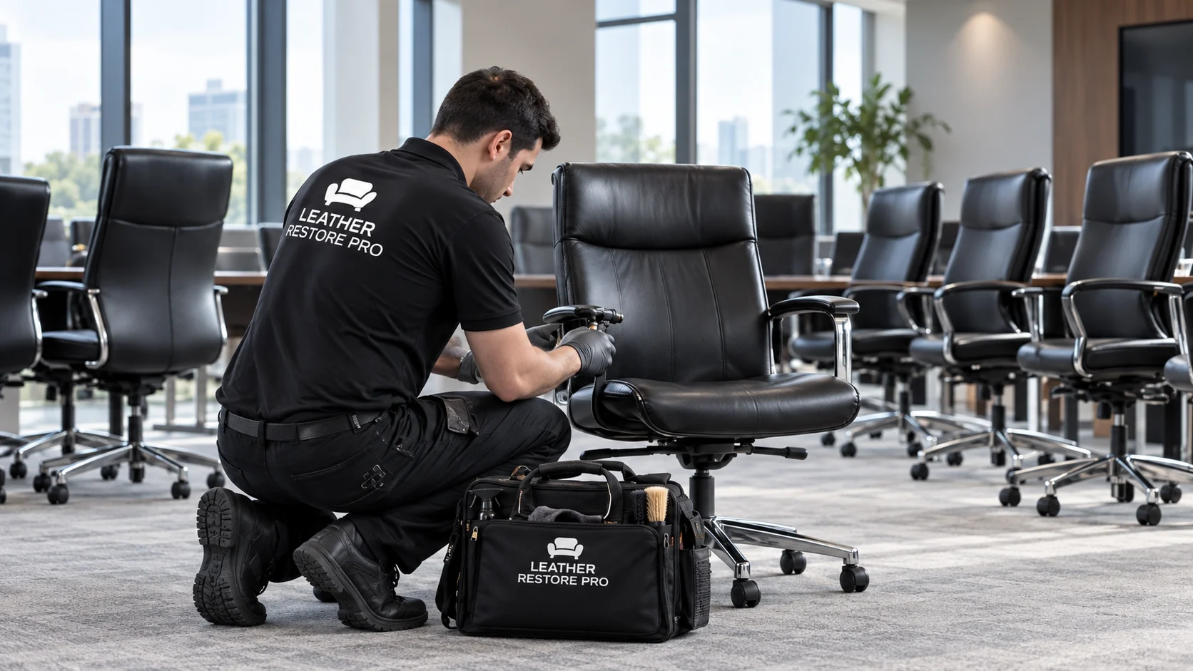 Technician repairing conference chairs on site under a commercial furniture repair contract