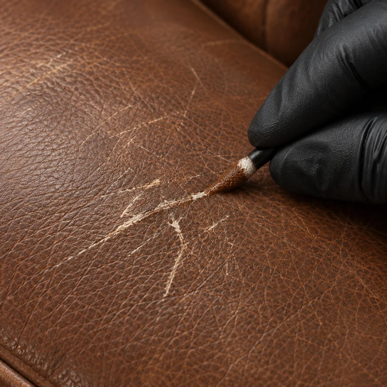 Filling a scratch in brown leather by hand