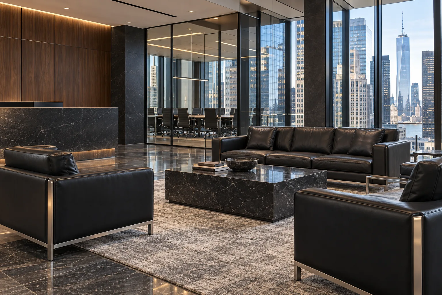 Black leather seating in an office lobby