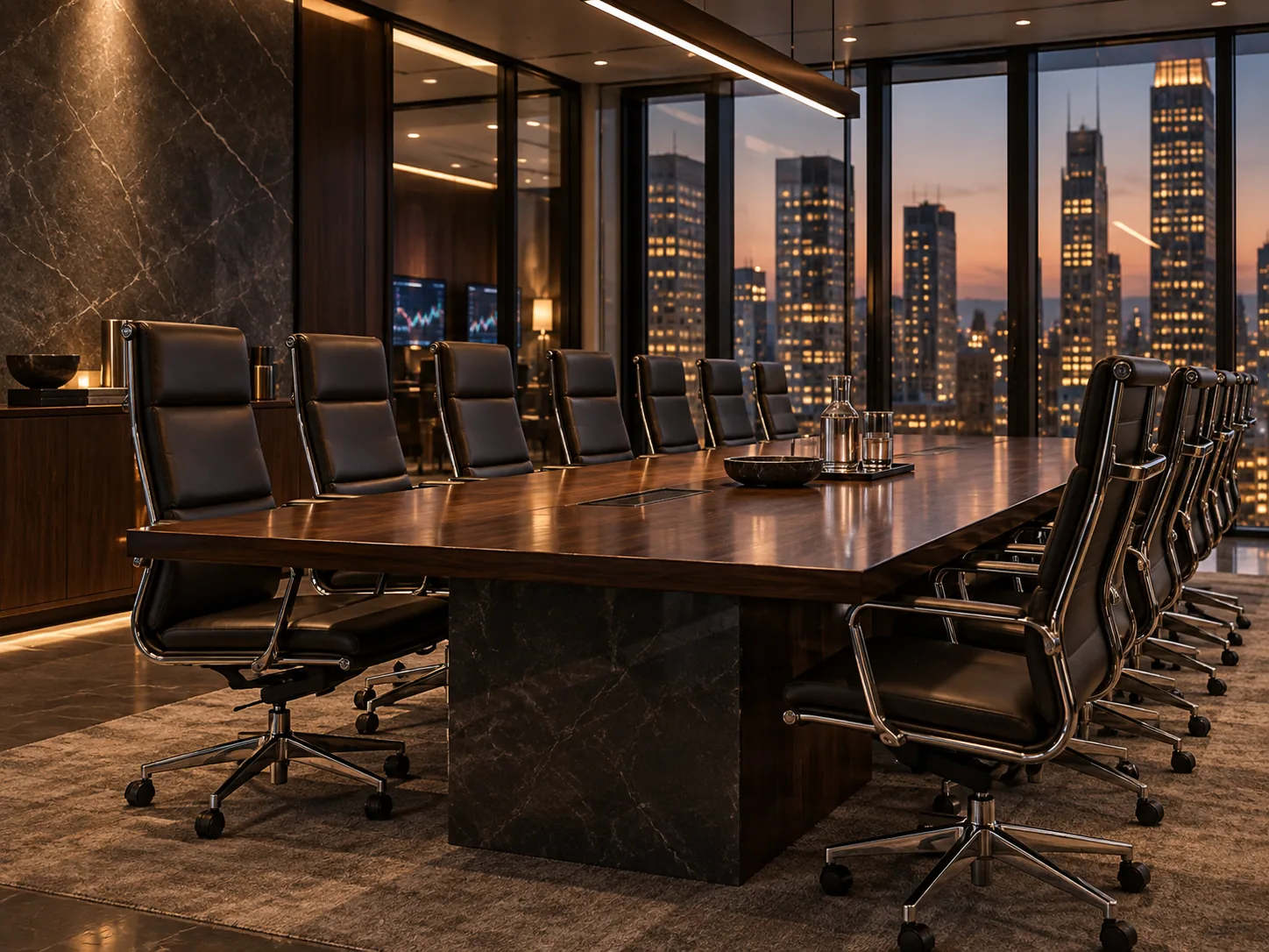 Boardroom table with black leather chairs