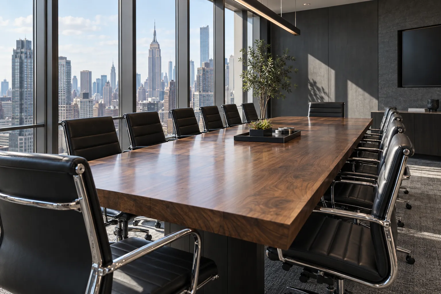 Conference table with black leather chairs