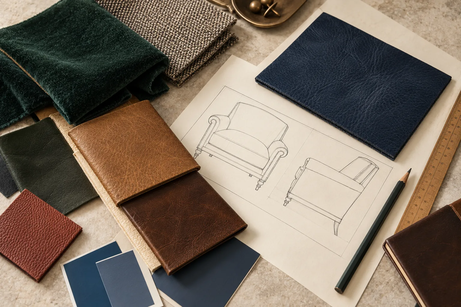 Leather and fabric samples laid over armchair sketches