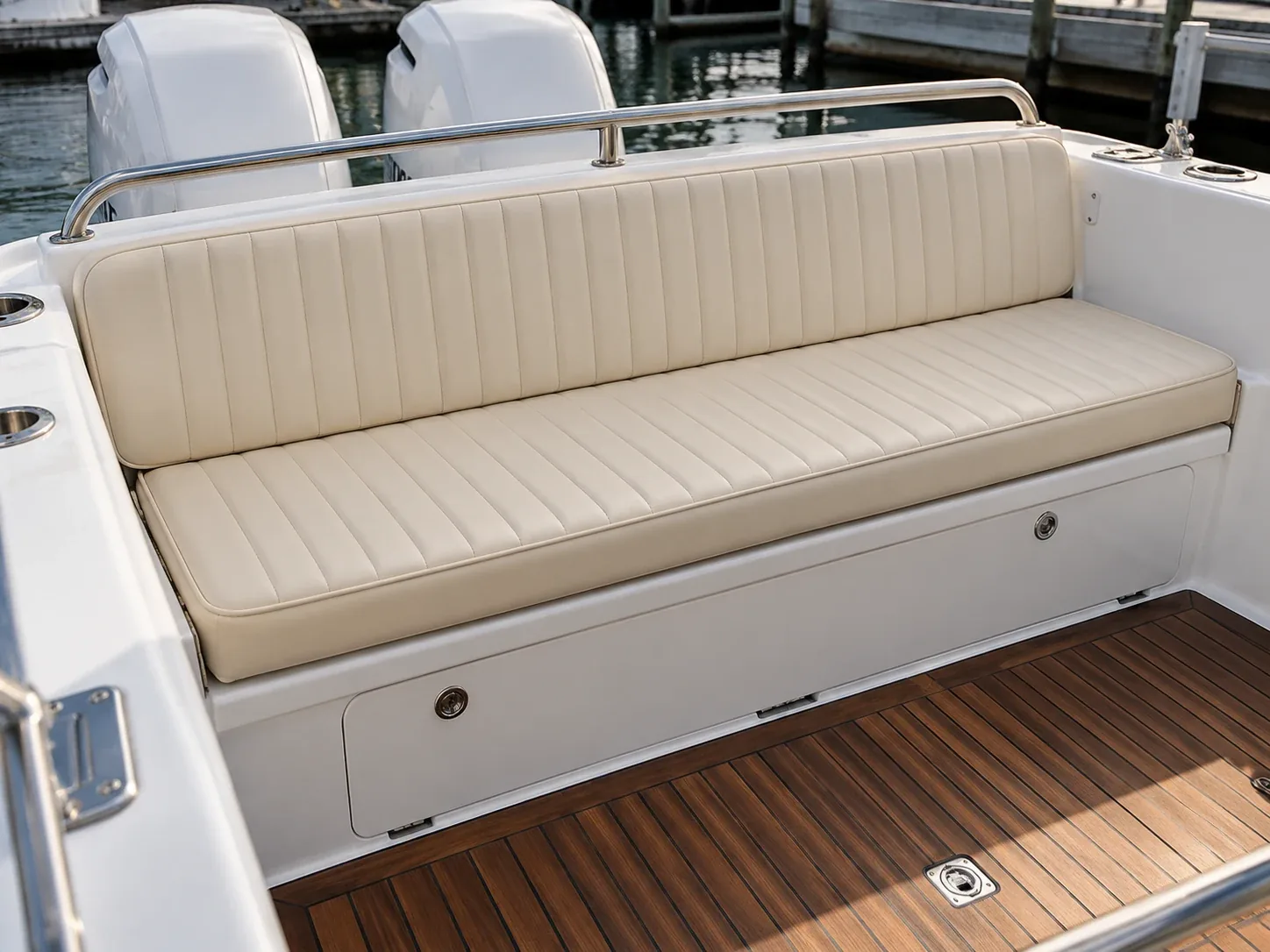A finished boat cushion test-fitted back in place on the boat