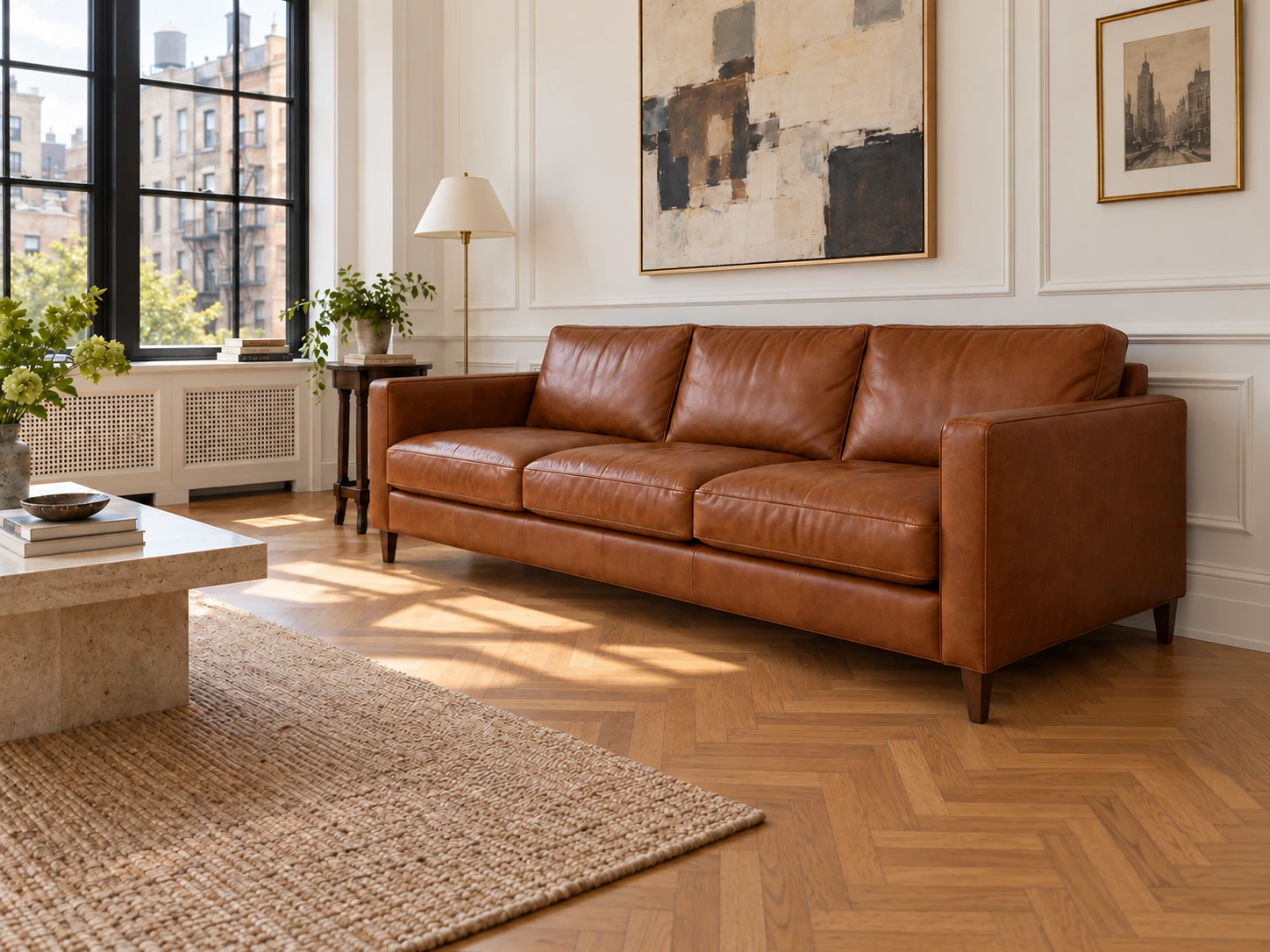 Repaired leather sofa in an apartment