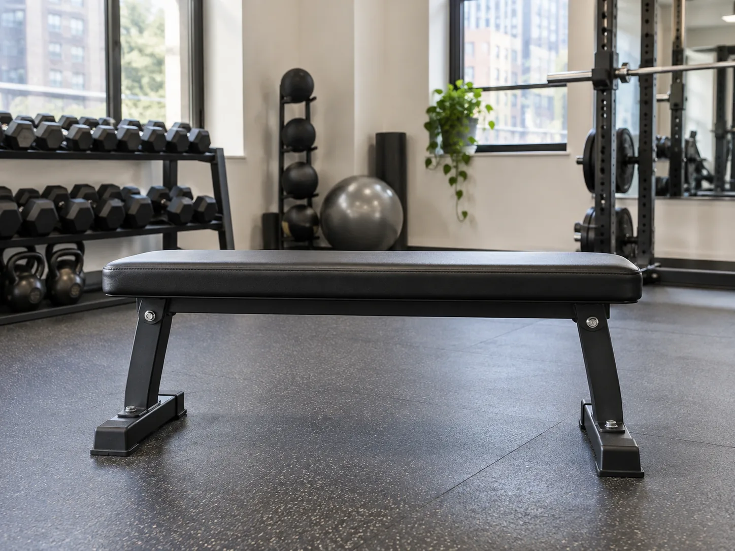 A black vinyl weight bench in a building gym