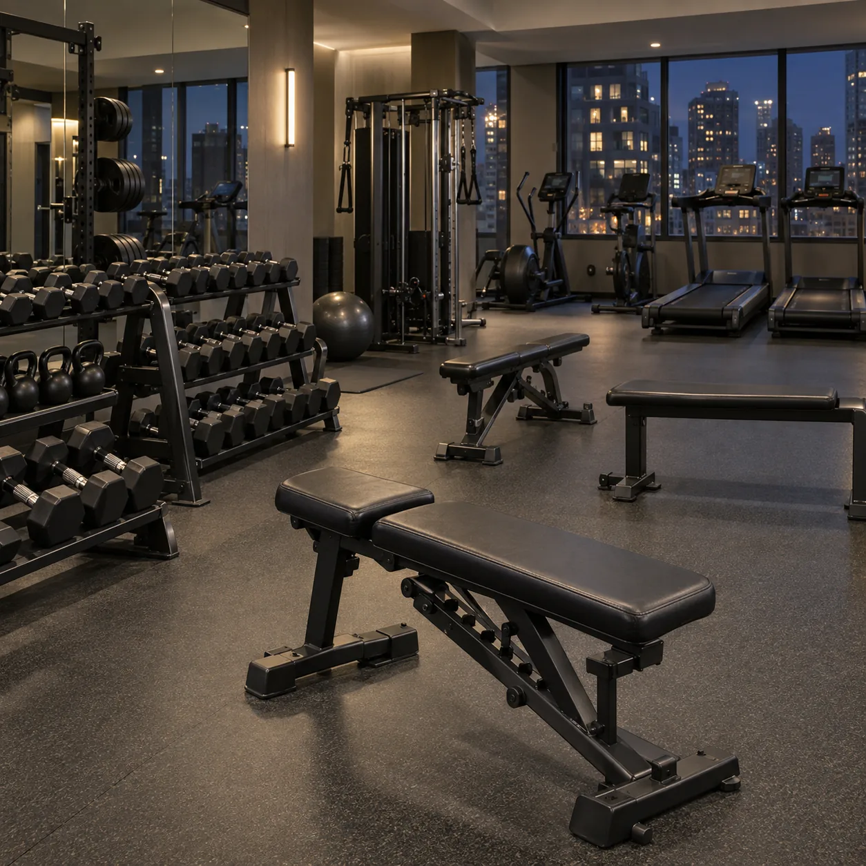 Black vinyl weight benches in a building gym