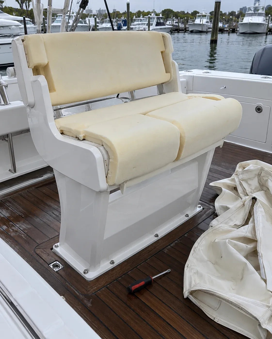 A helm pod still bolted to the sole of a boat