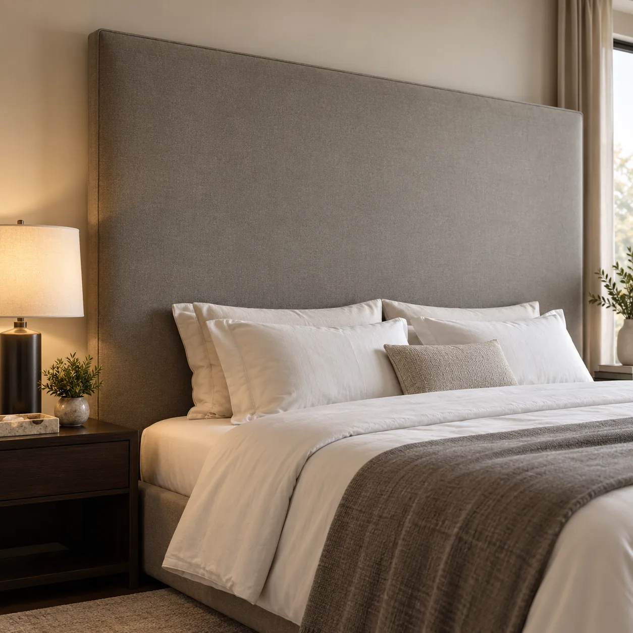 Extra-wide flat gray linen headboard running past the nightstands