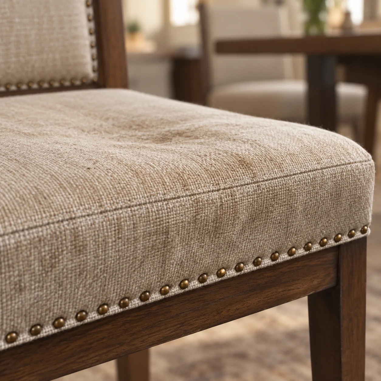 Flattened, dished foam in a beige dining chair seat