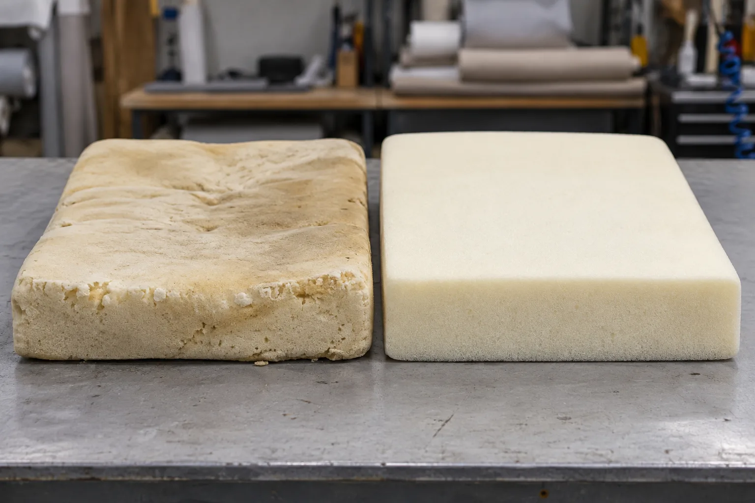 Yellowed compressed seat foam beside a fresh white foam block