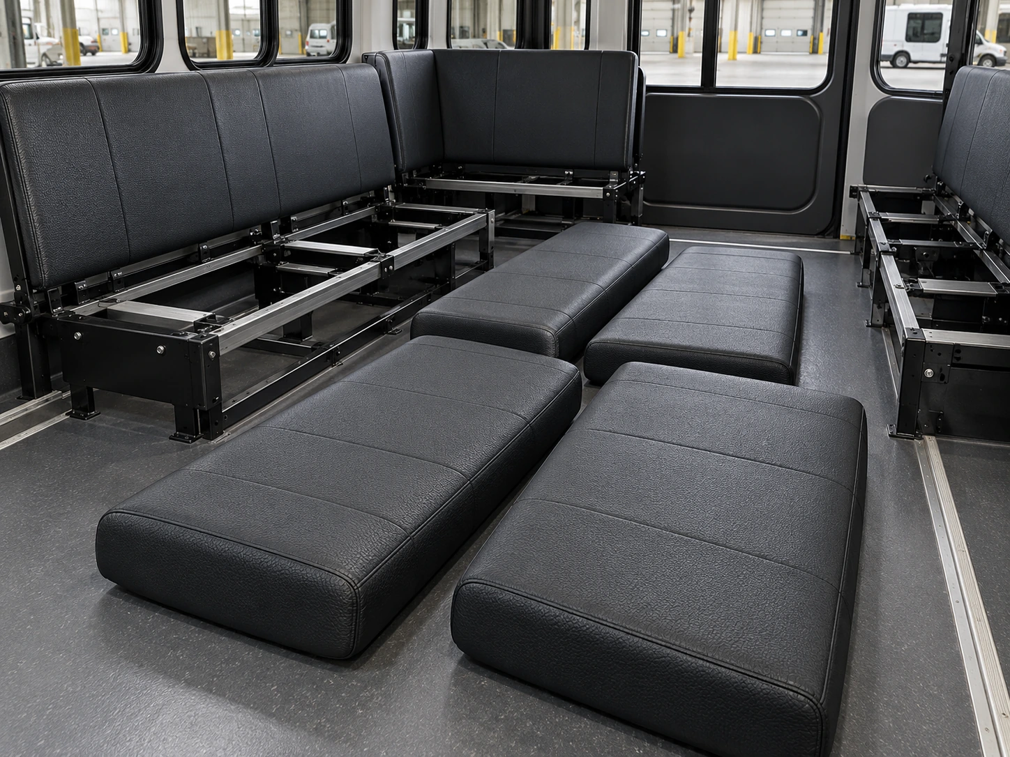 Bench seat cushions removed from a fleet vehicle