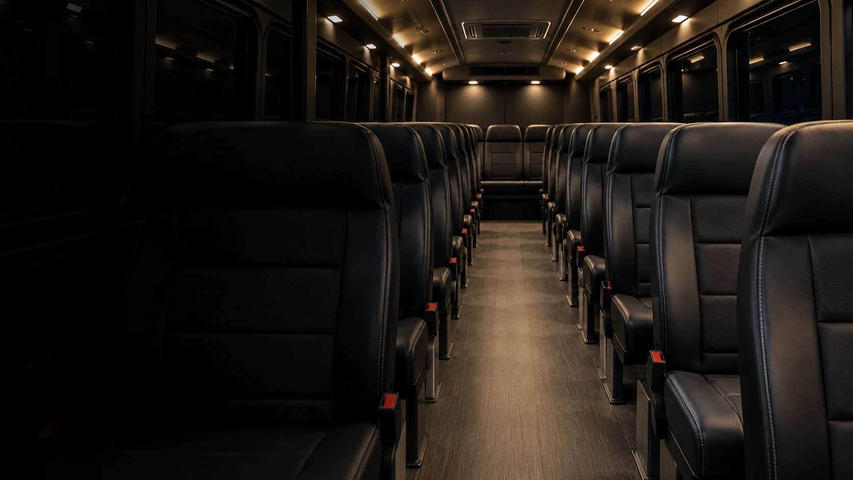 The finished interior of a fleet vehicle with rows of recovered seats