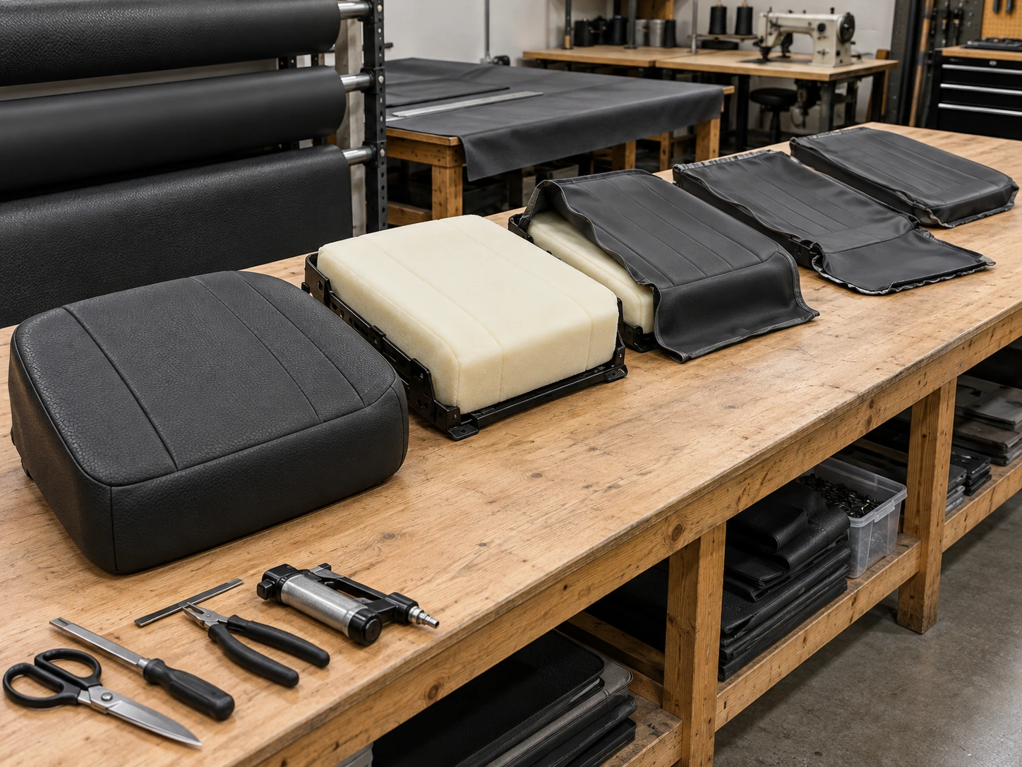 Fleet seat cushions on a workshop line