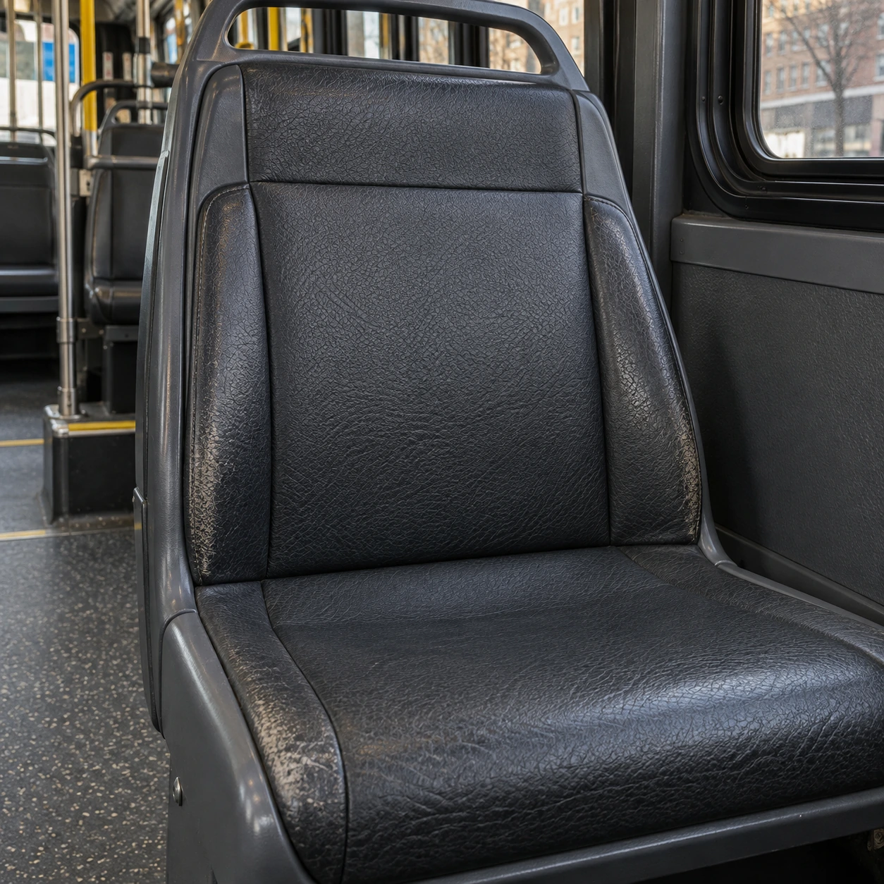 A fleet seat with worn edges and bolsters