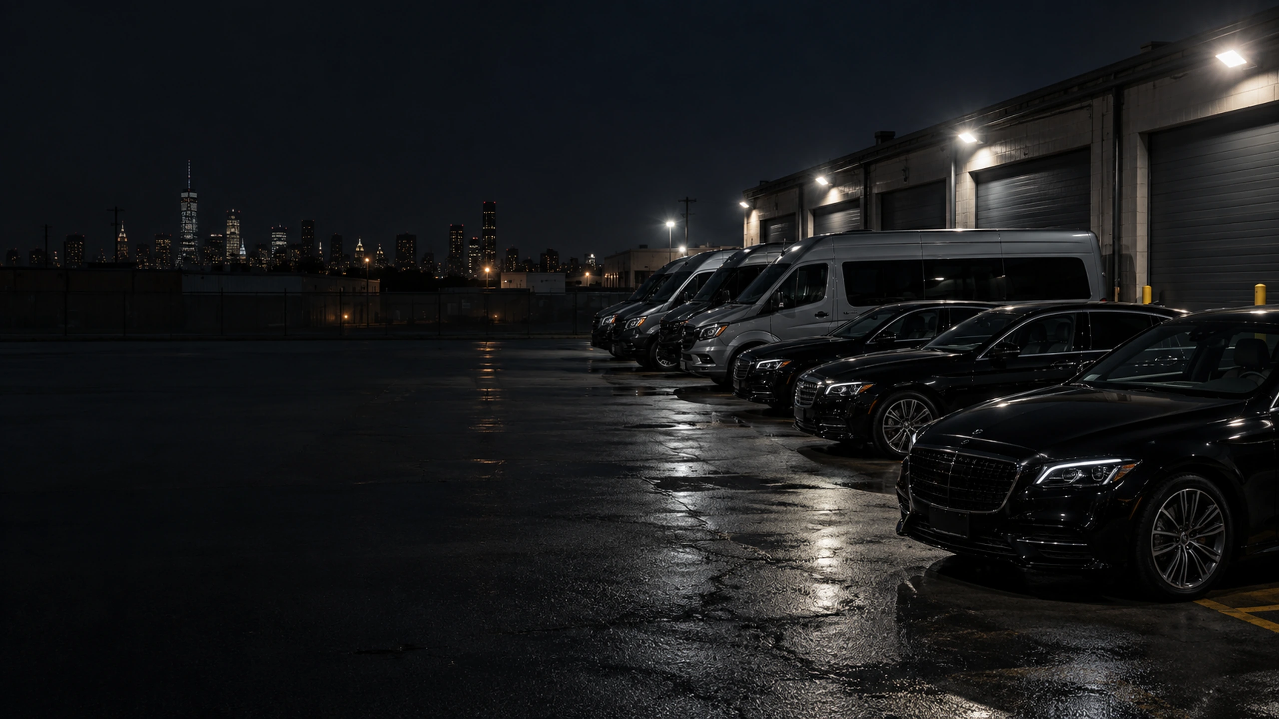 Vans and cars parked in a lit yard at night