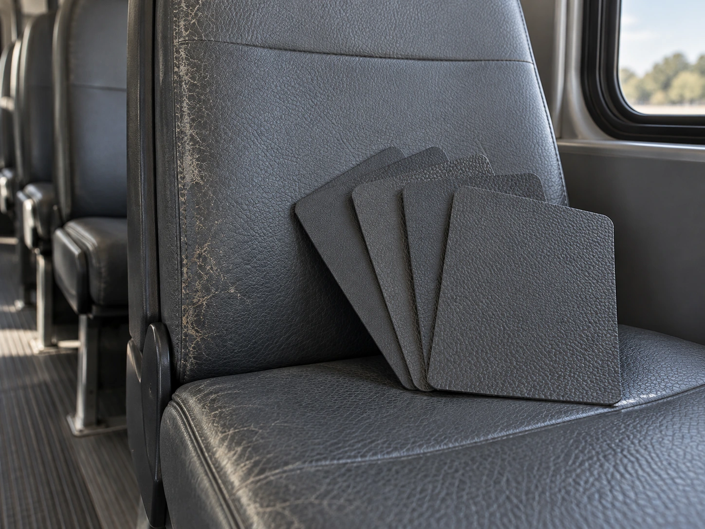 Vinyl samples held against a fleet seat