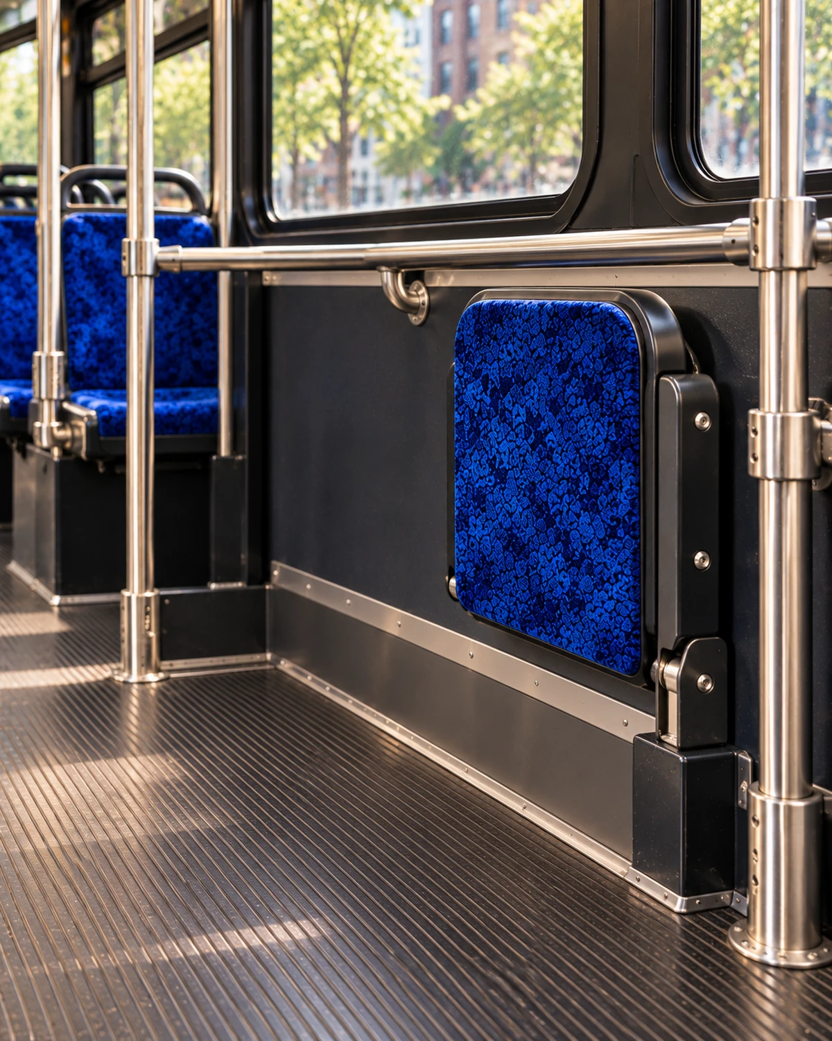 A flip-up ADA bus seat folded against the wall