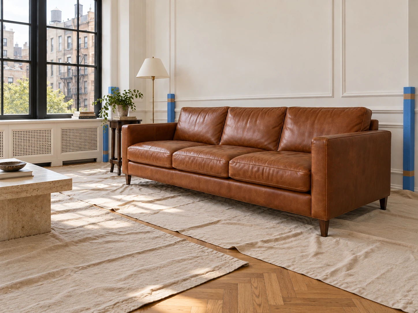 Sofa on drop cloths during a renovation