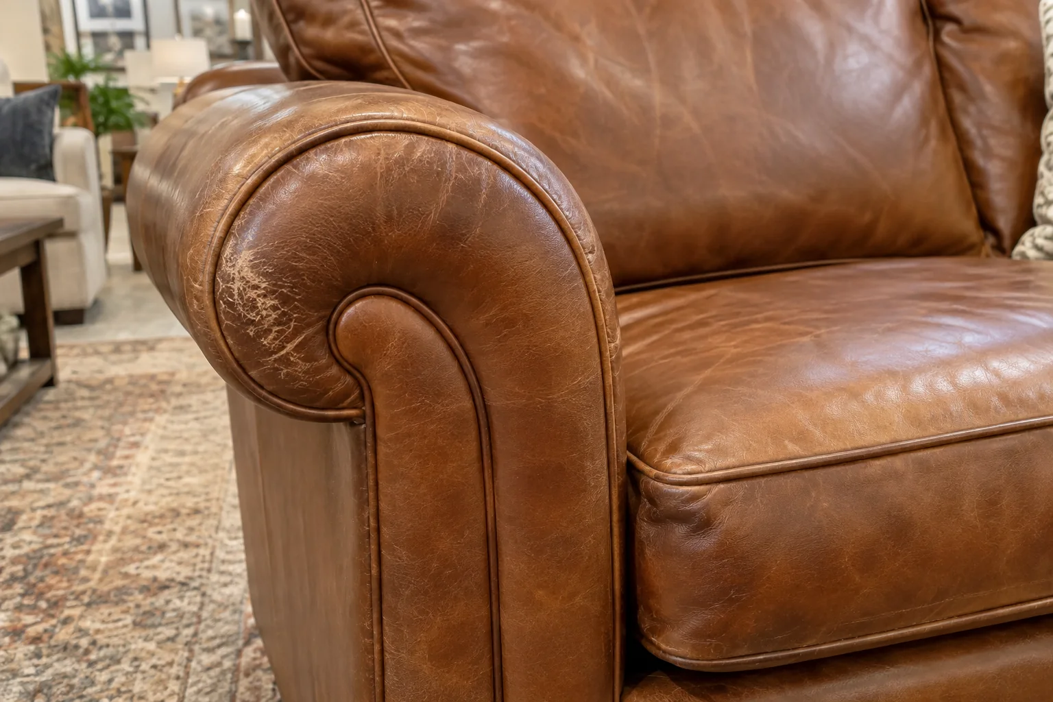 Brown leather armchair with a scuffed arm