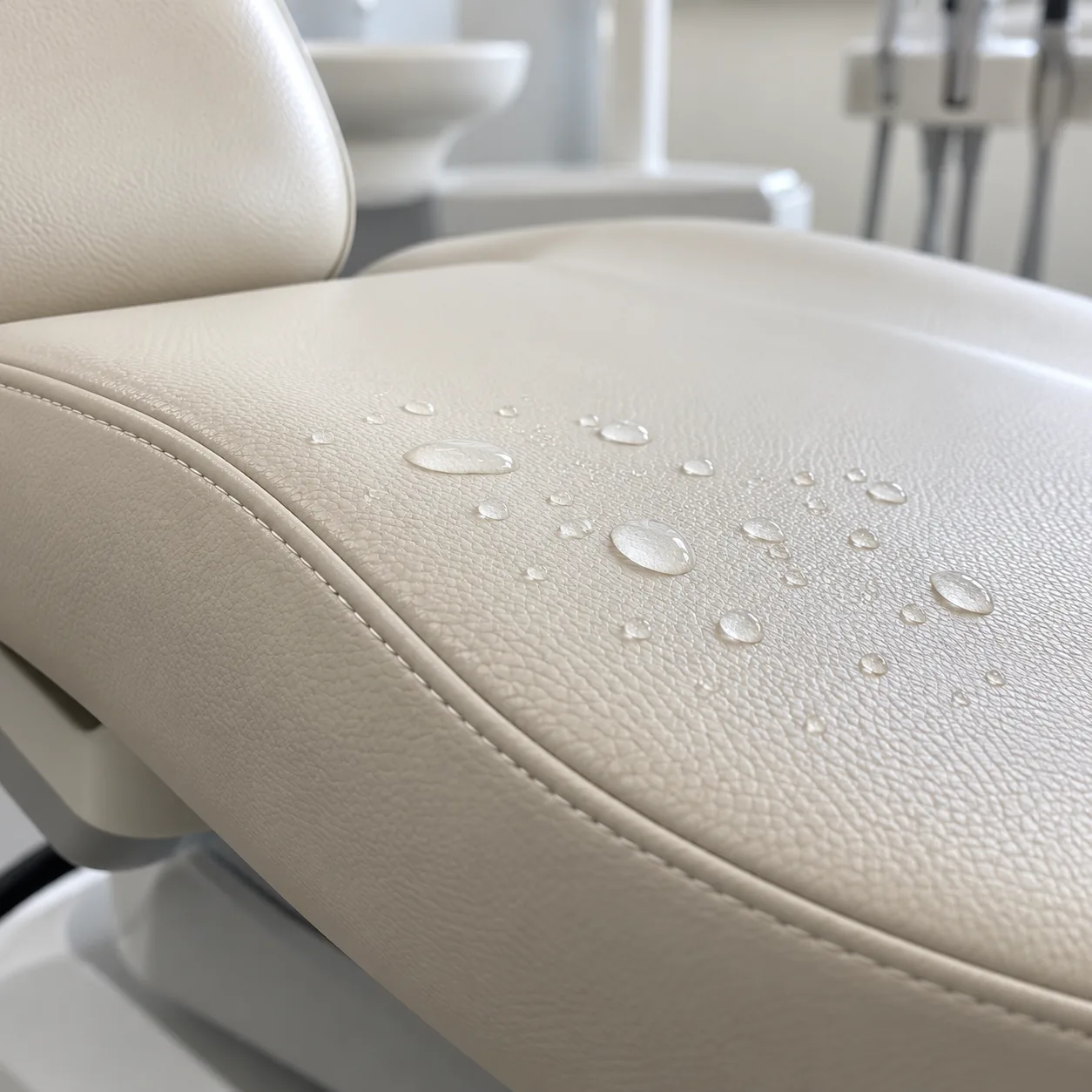 Water beading on pale fluid-resistant vinyl on a dental chair