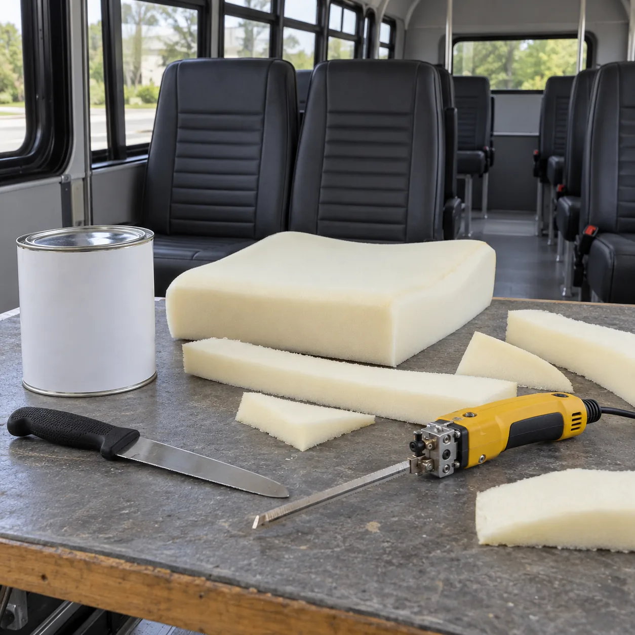 Foam adhesive and a foam knife on a bench