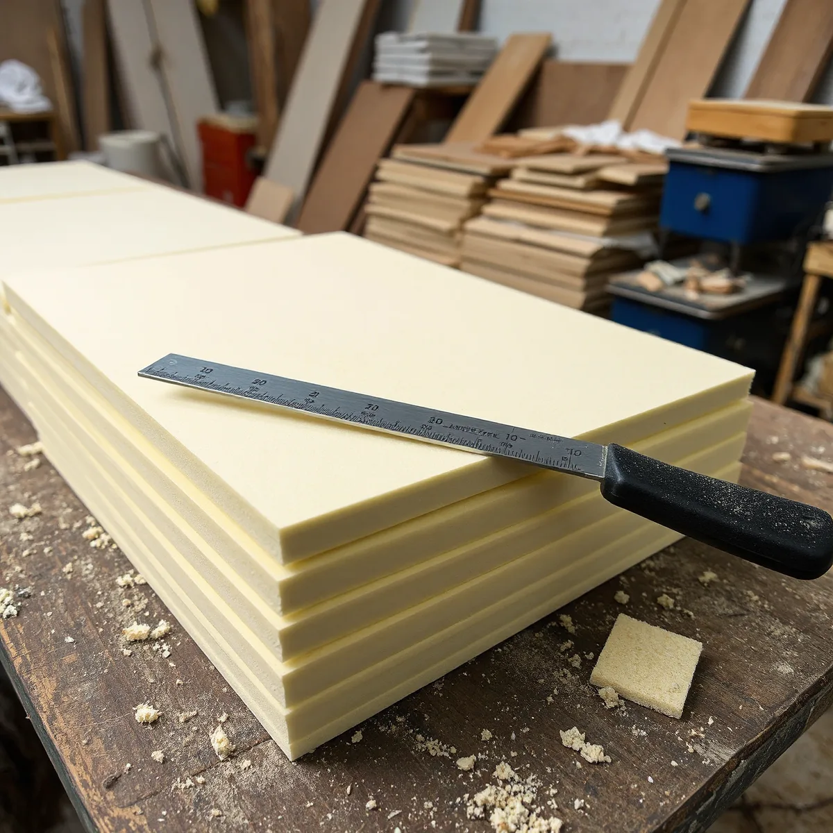 Stack of foam blanks cut to size with a long blade