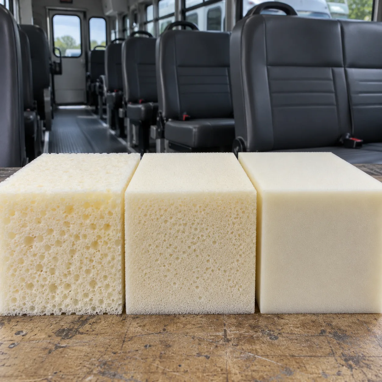 Three cut foam blocks of different grades side by side