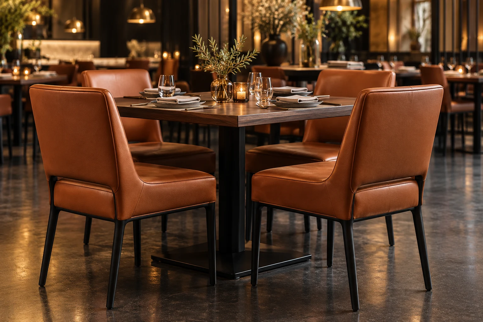 Four cognac leather dining chairs around a table in a restaurant