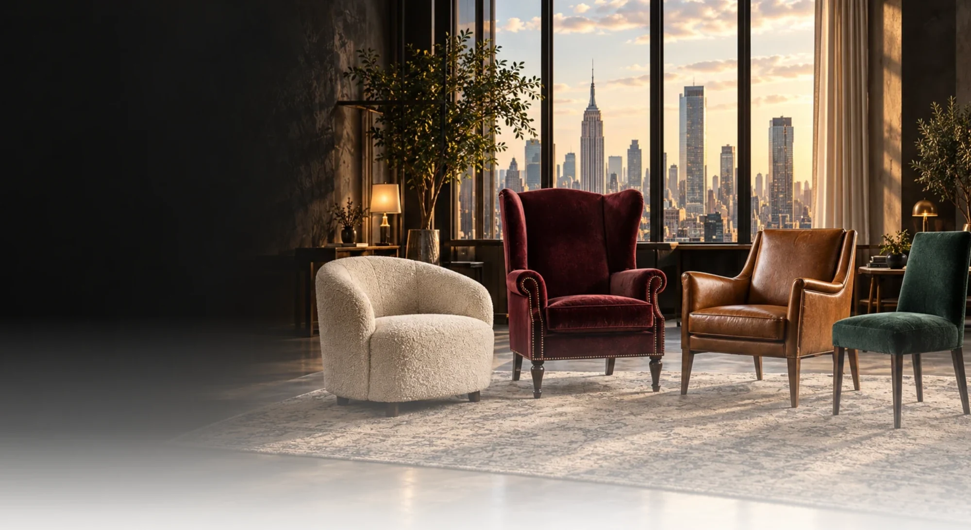 Reupholster chairs NYC: four rebuilt chairs in a Manhattan penthouse at sunset with the Empire State Building behind them
