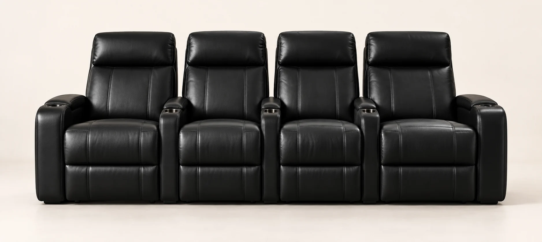 Four-seat straight home theater row in black leather with consoles between the seats