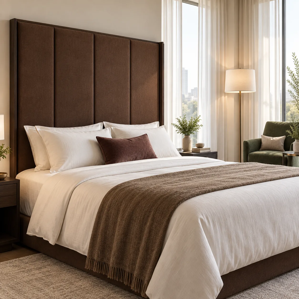 Tall chocolate leather headboard built as inset panels inside a timber frame